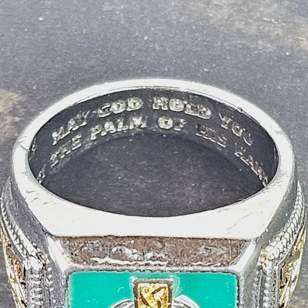 Celtic Cross Engraved Green Stone Ring, May God Hold You in the Palm of His Hand - Picture 4 of 5